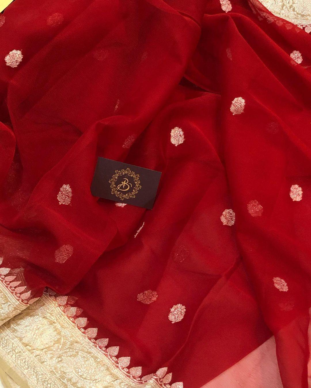 Red Khaddi Chiffon Banarasi Handloom Saree - Aura Benaras