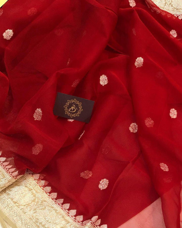 Red Khaddi Chiffon Banarasi Handloom Saree - Aura Benaras