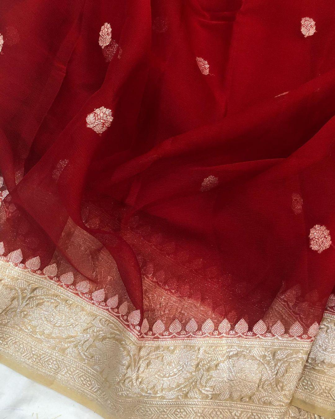 Red Khaddi Chiffon Banarasi Handloom Saree - Aura Benaras