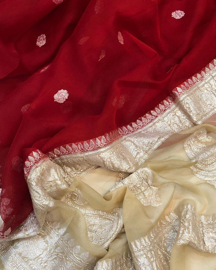 Red Khaddi Chiffon Banarasi Handloom Saree - Aura Benaras