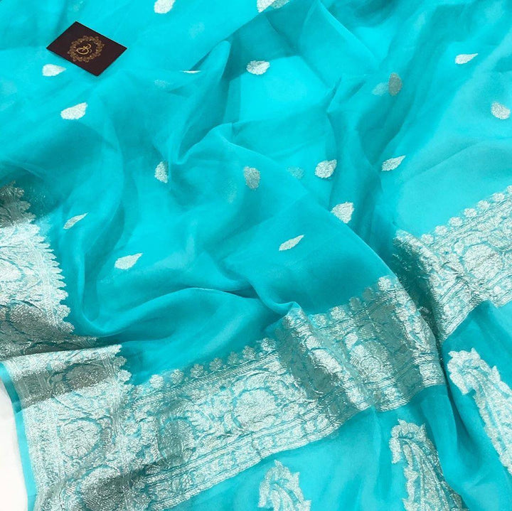 Blue Khaddi Chiffon Banarasi Handloom Saree