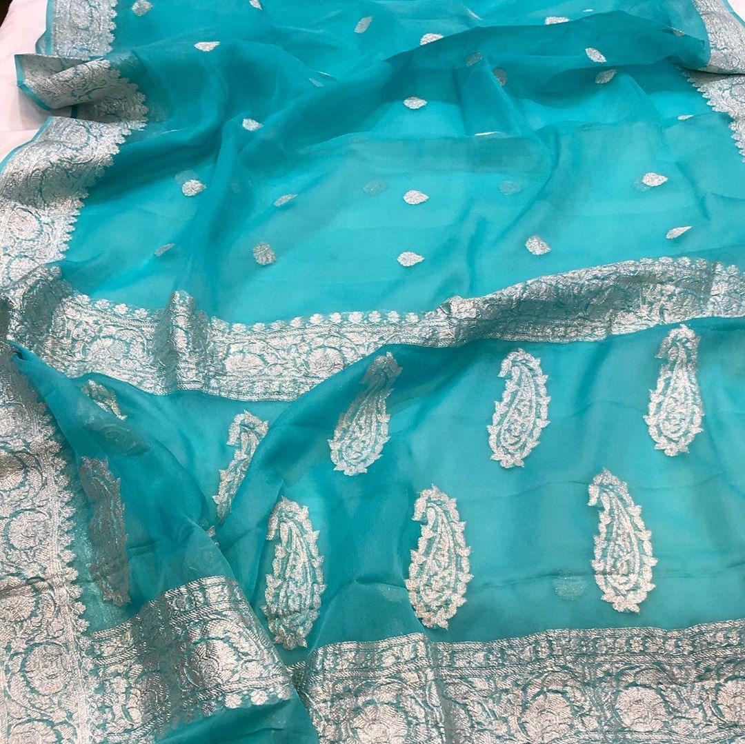 Blue Khaddi Chiffon Banarasi Handloom Saree