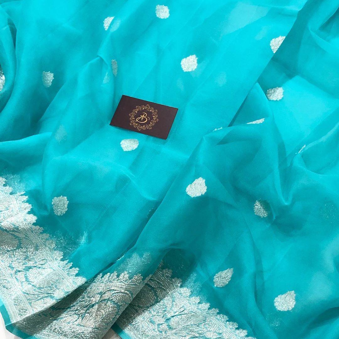 Blue Khaddi Chiffon Banarasi Handloom Saree