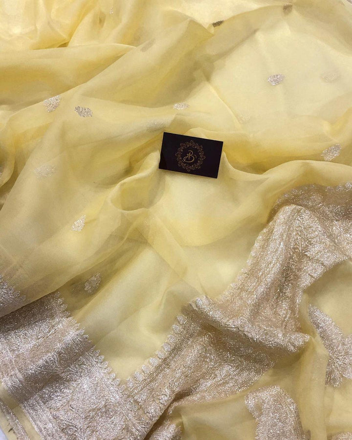 Cream Khaddi Chiffon Banarasi Handloom Saree - Aura Benaras