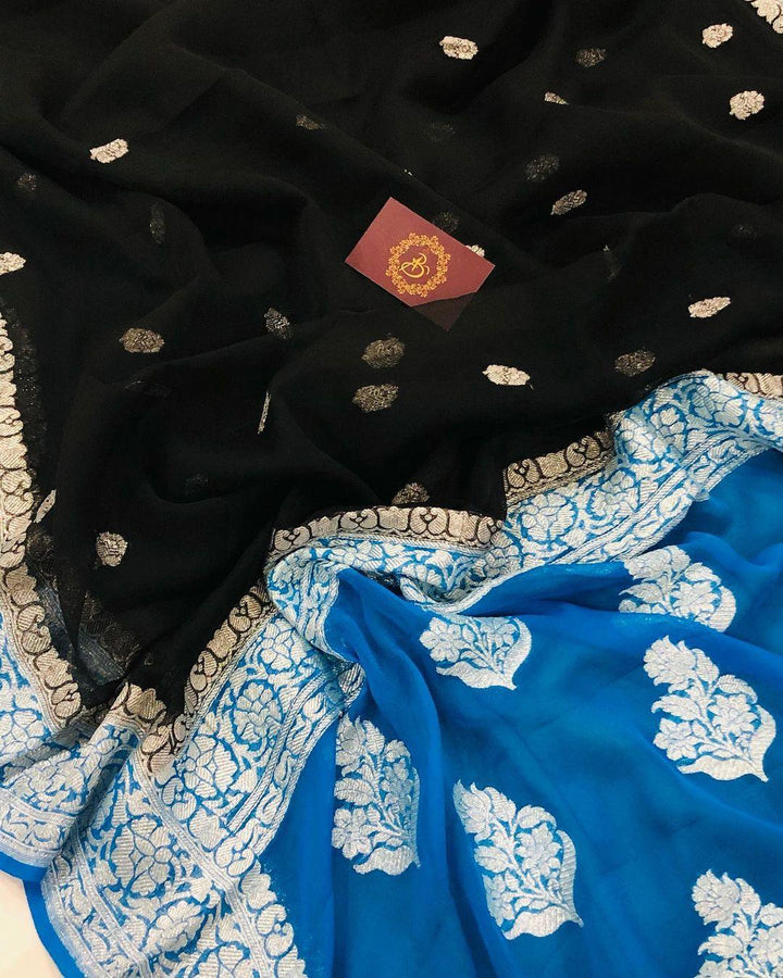 Black Banarasi Khaddi Chiffon Georgette Saree - Aura Benaras