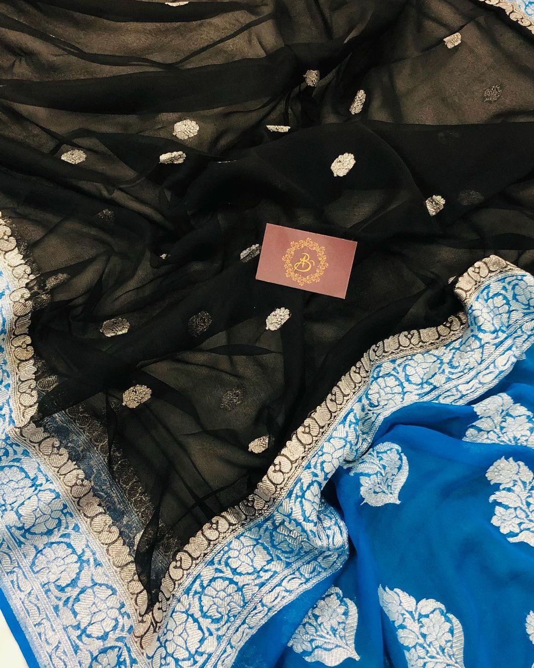 Black Banarasi Khaddi Chiffon Georgette Saree - Aura Benaras