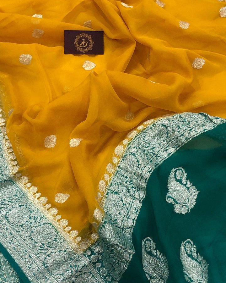 Mustard Yellow Khaddi Chiffon Banarasi Handloom Saree - Aura Benaras