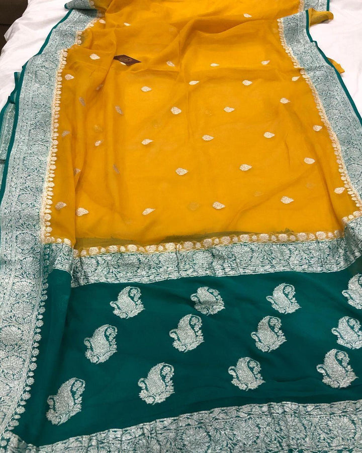 Mustard Yellow Khaddi Chiffon Banarasi Handloom Saree - Aura Benaras