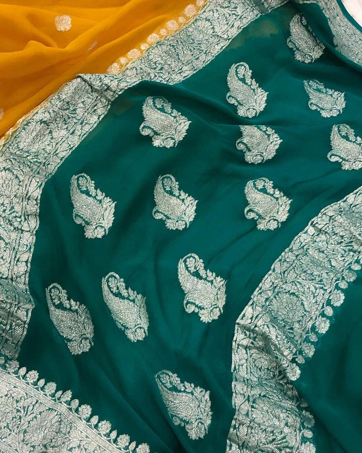 Mustard Yellow Khaddi Chiffon Banarasi Handloom Saree - Aura Benaras