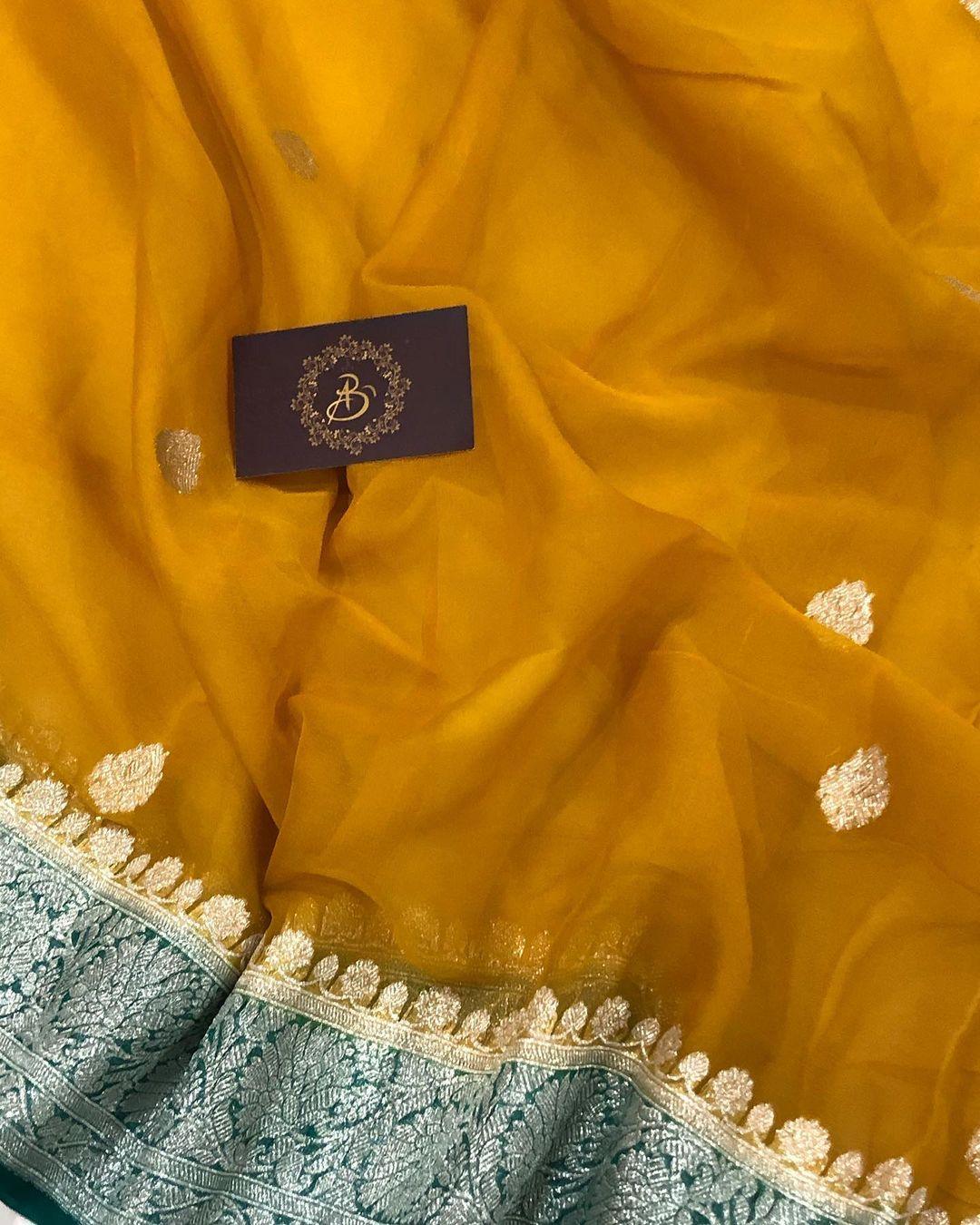 Mustard Yellow Khaddi Chiffon Banarasi Handloom Saree - Aura Benaras