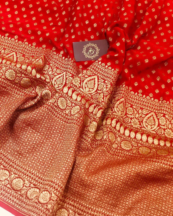 Red Broad Border Banarasi Handloom Pure Khaddi Georgette Silk Saree - Aura Benaras