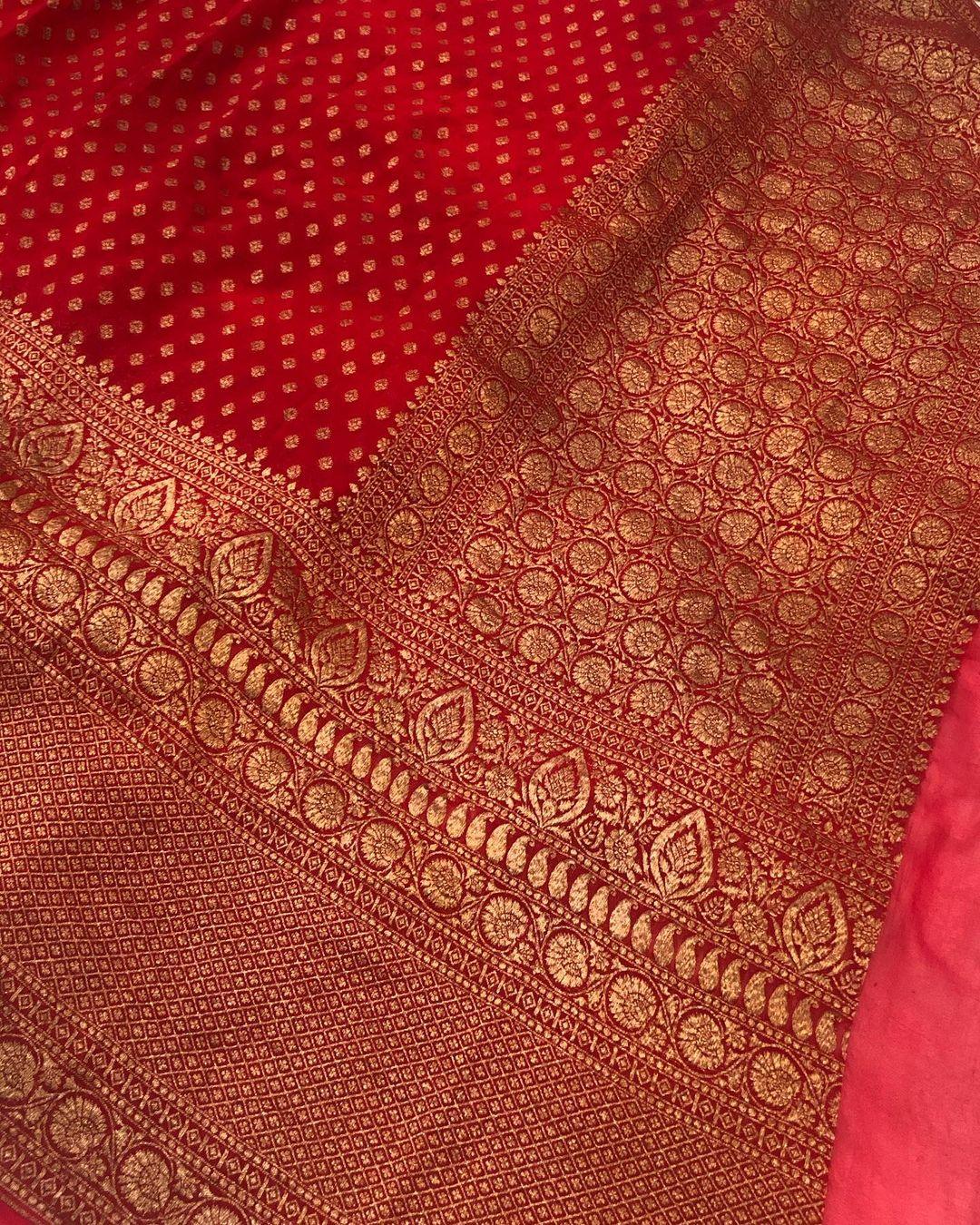 Red Broad Border Banarasi Handloom Pure Khaddi Georgette Silk Saree - Aura Benaras