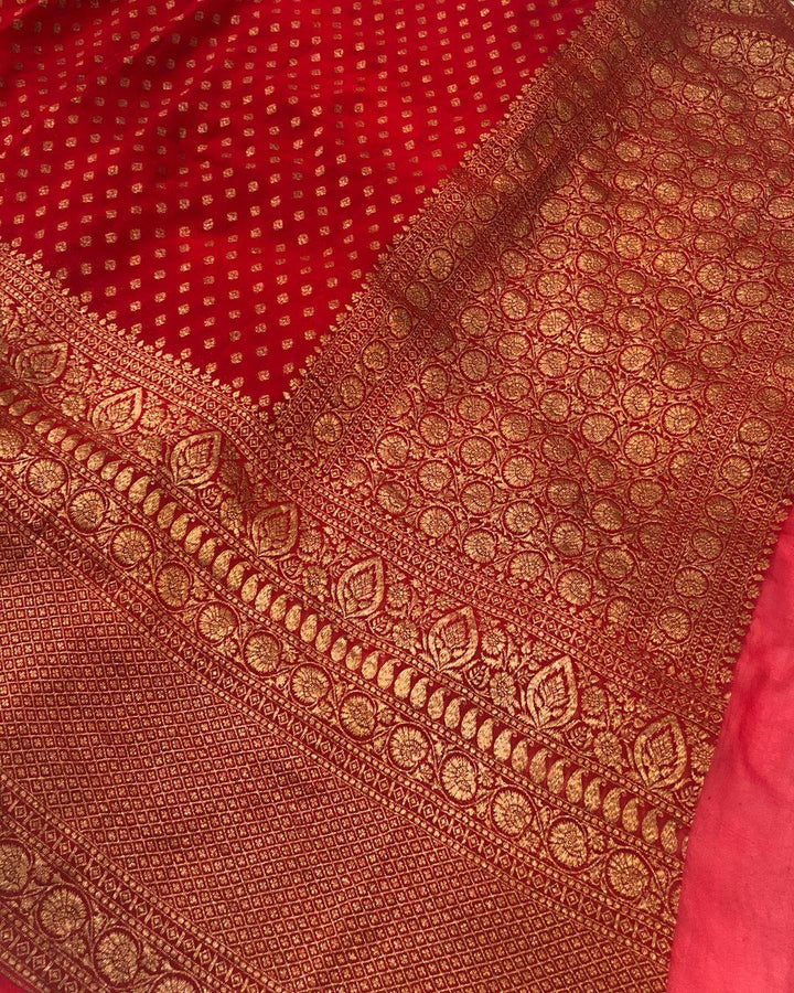 Red Broad Border Banarasi Handloom Pure Khaddi Georgette Silk Saree - Aura Benaras