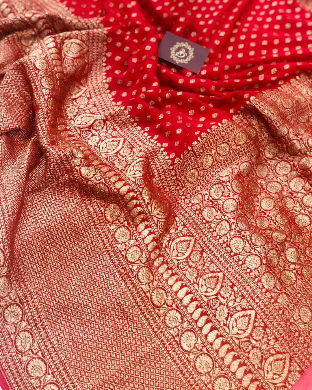 Red Broad Border Banarasi Handloom Pure Khaddi Georgette Silk Saree - Aura Benaras