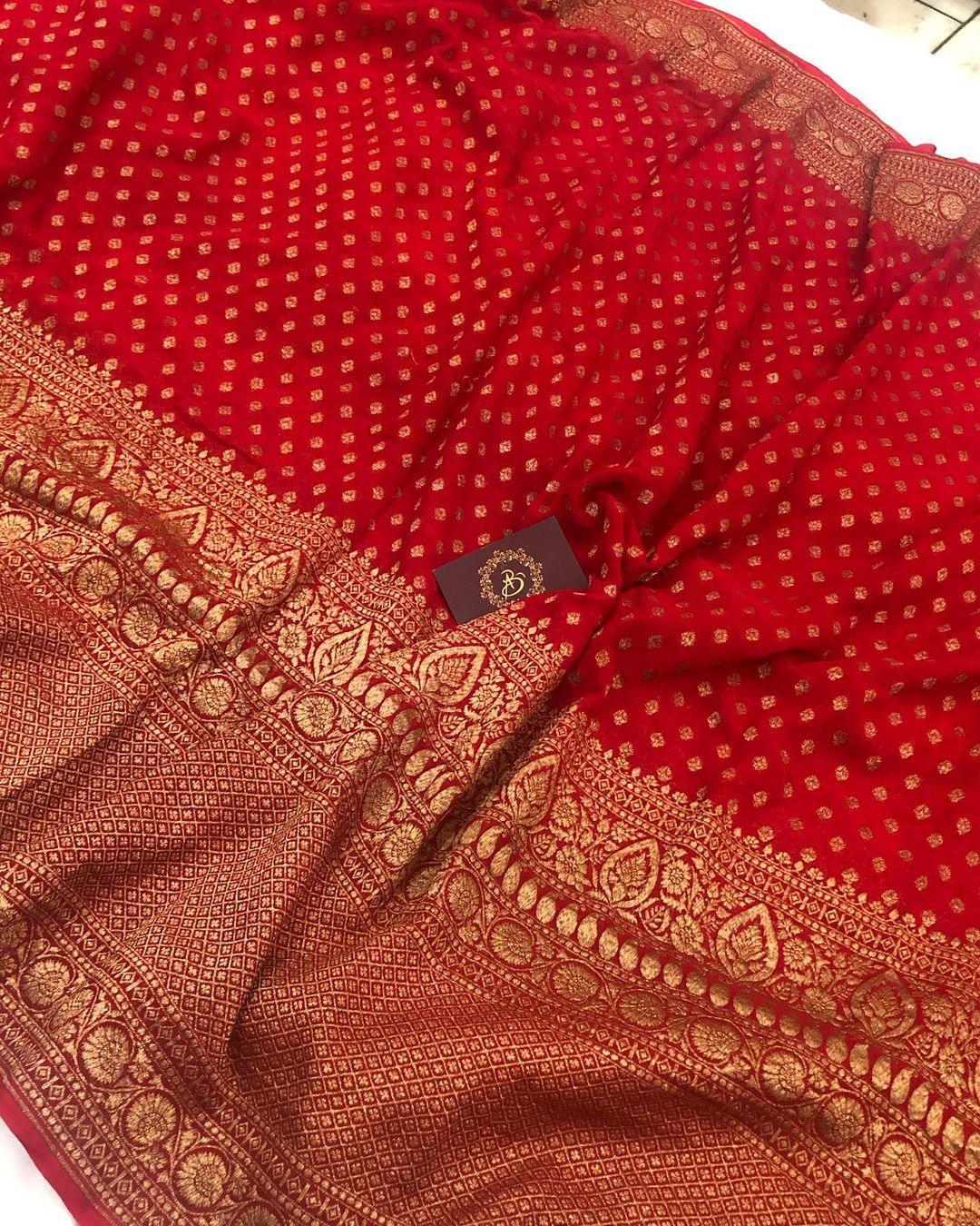 Red Broad Border Banarasi Handloom Pure Khaddi Georgette Silk Saree - Aura Benaras