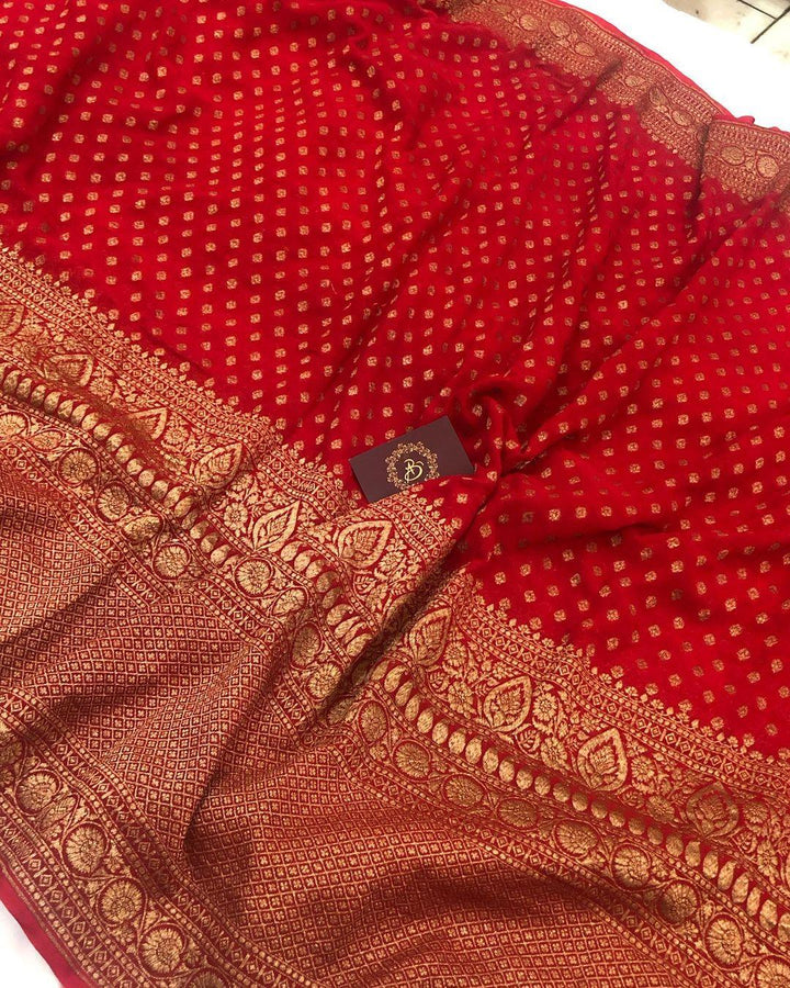 Red Broad Border Banarasi Handloom Pure Khaddi Georgette Silk Saree - Aura Benaras