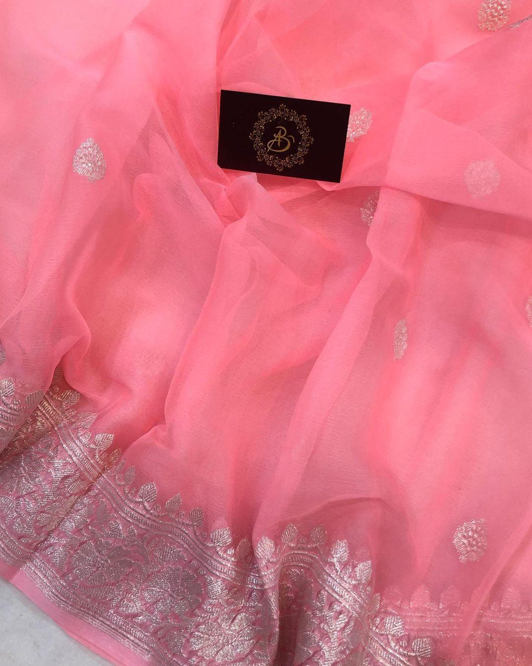 Baby Pink Khaddi Chiffon Banarasi Handloom Saree - Aura Benaras