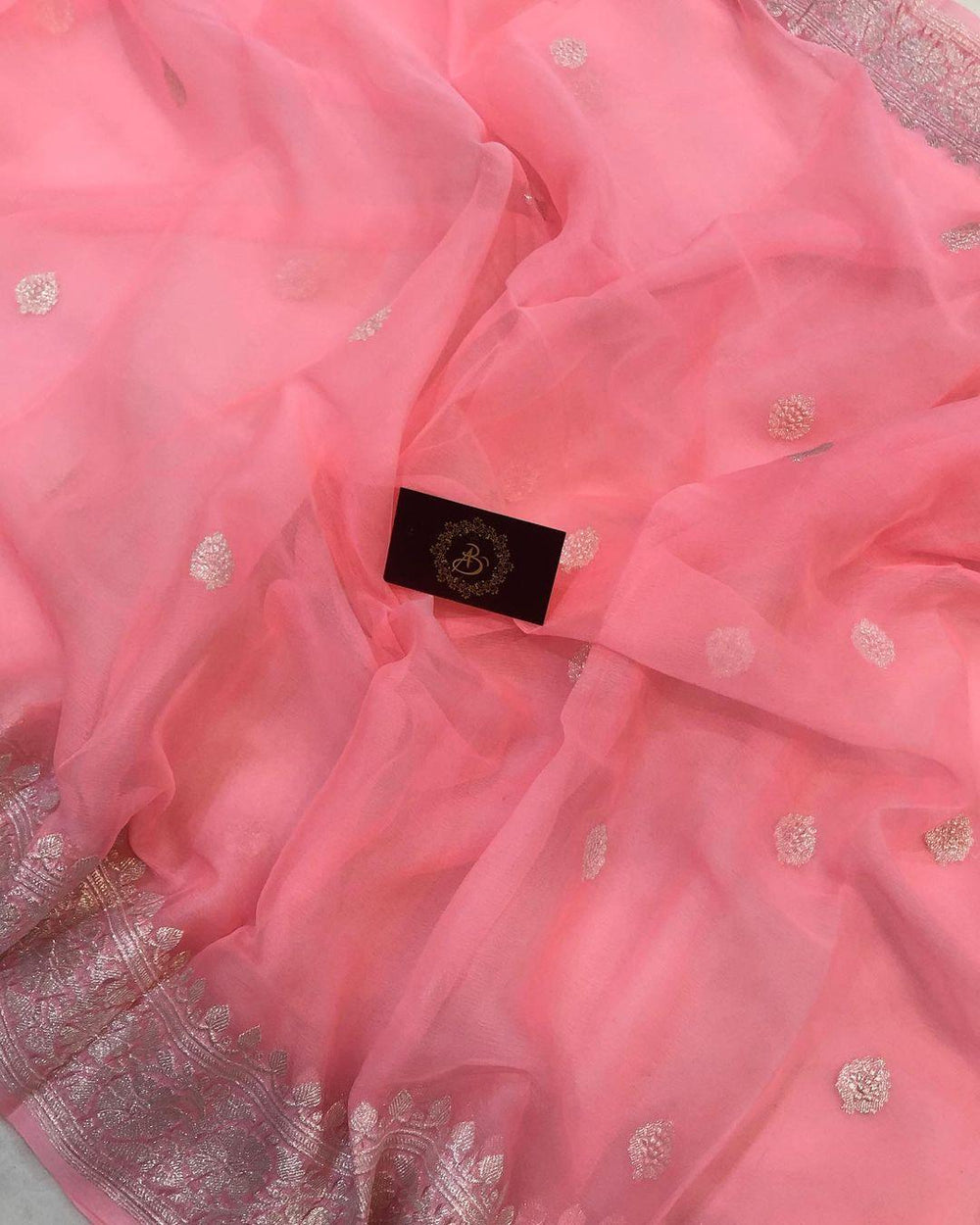 Baby Pink Khaddi Chiffon Banarasi Handloom Saree - Aura Benaras