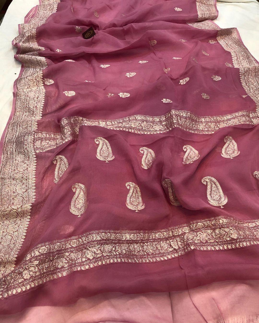 Onion Shade Khaddi Chiffon Banarasi Handloom Saree