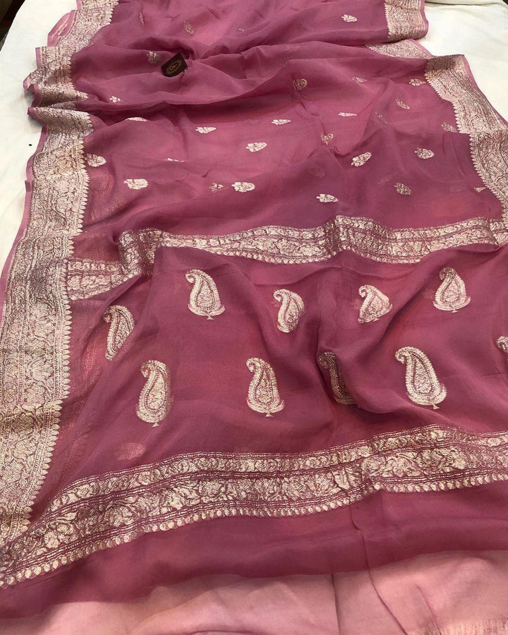 Onion Shade Khaddi Chiffon Banarasi Handloom Saree