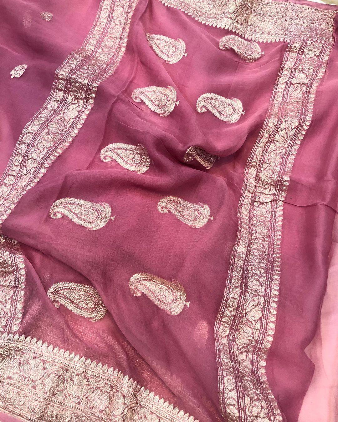 Onion Shade Khaddi Chiffon Banarasi Handloom Saree