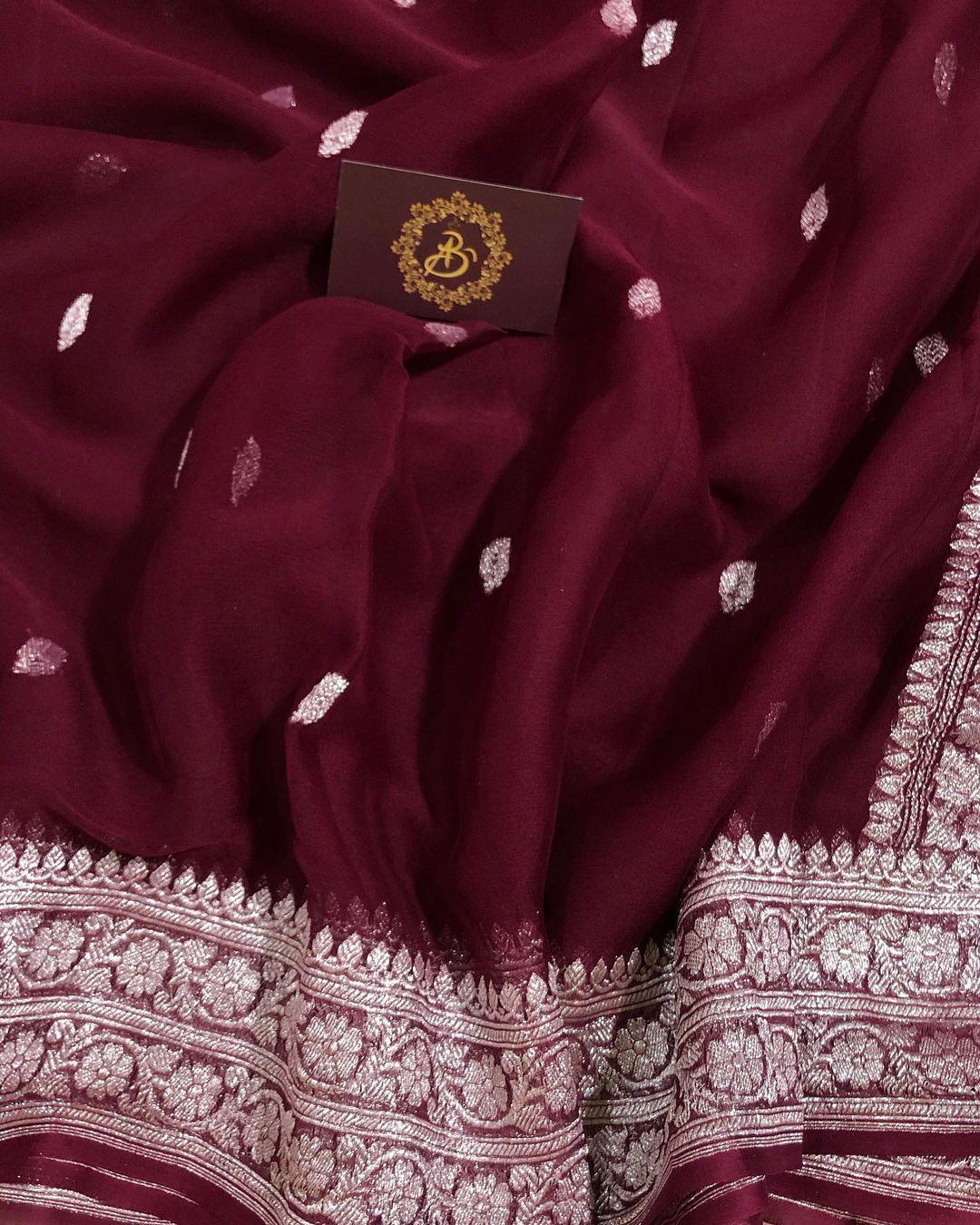 Burgundy Khaddi Chiffon Banarasi Handloom Saree - Aura Benaras