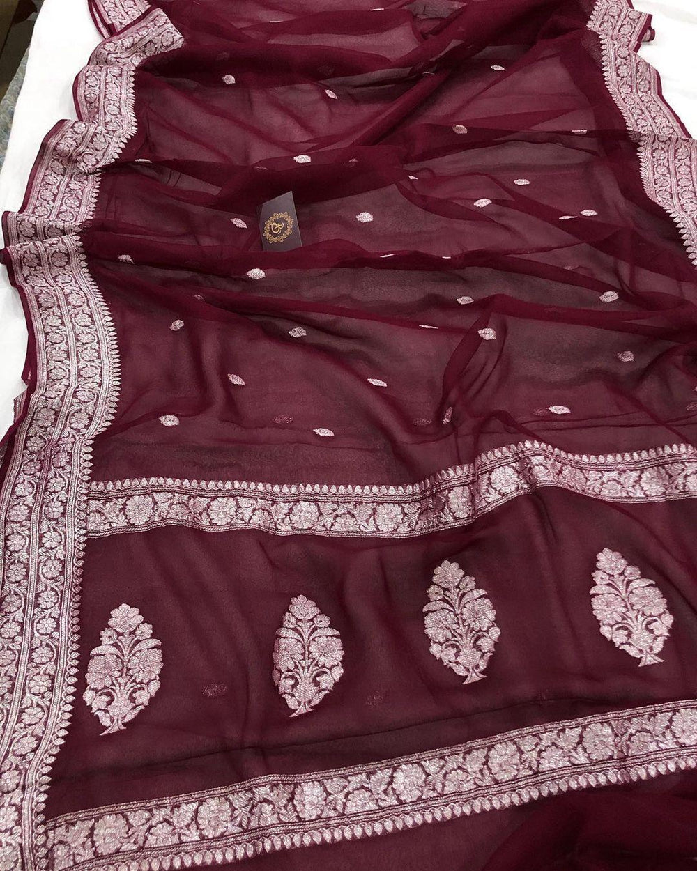 Burgundy Khaddi Chiffon Banarasi Handloom Saree - Aura Benaras
