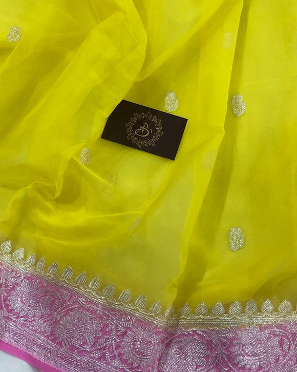Yellow Khaddi Chiffon Georgette Handloom Silk Saree - Aura Benaras