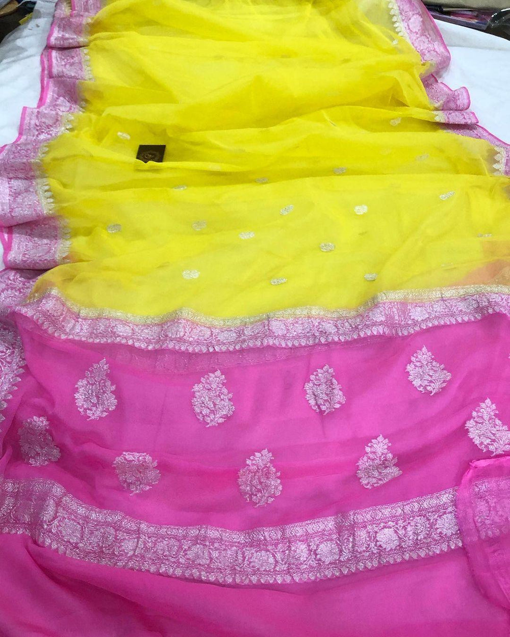 Yellow Khaddi Chiffon Georgette Handloom Silk Saree - Aura Benaras