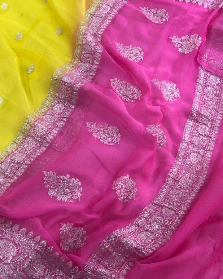 Yellow Khaddi Chiffon Georgette Handloom Silk Saree - Aura Benaras