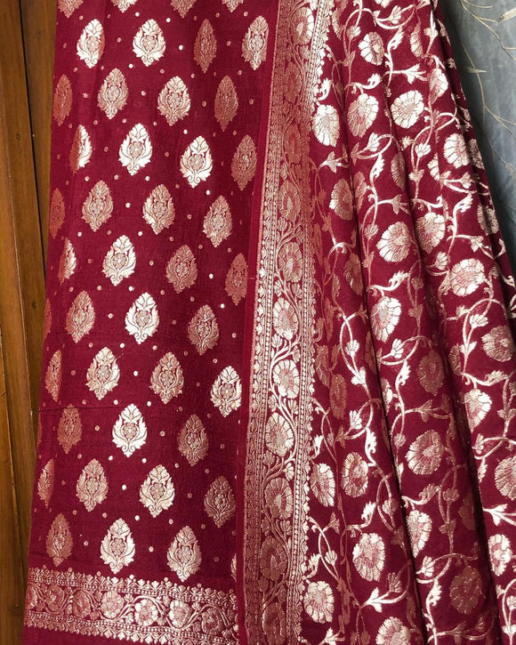 Maroon Banarasi Khaddi Georgette Suit - Aura Benaras