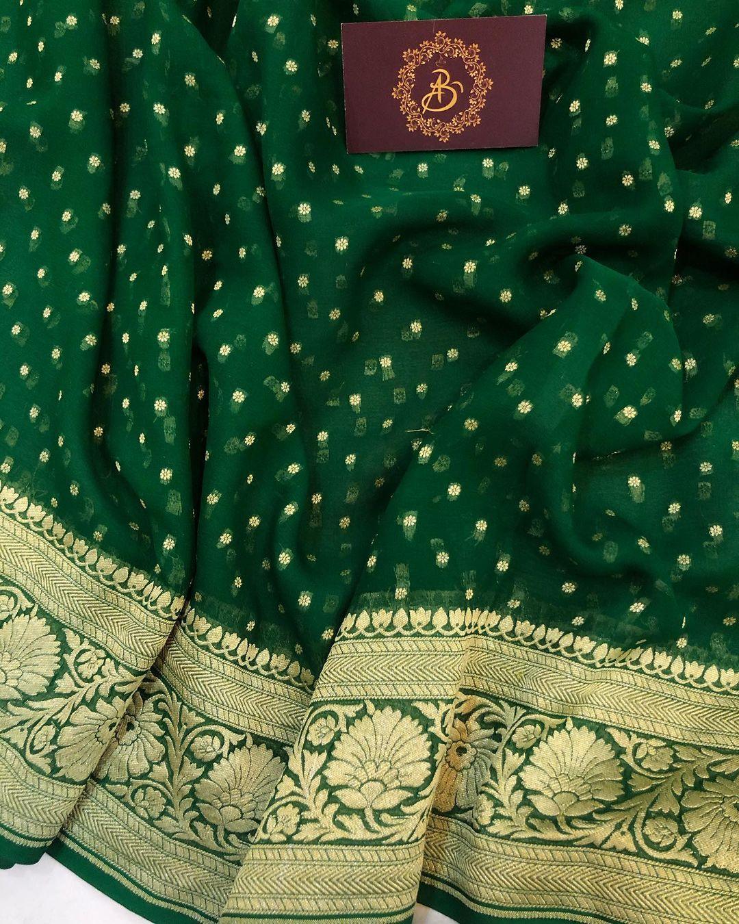 Bottle Greeen Banarasi Handloom Pure Khaddi Georgette Silk Saree - Aura Benaras