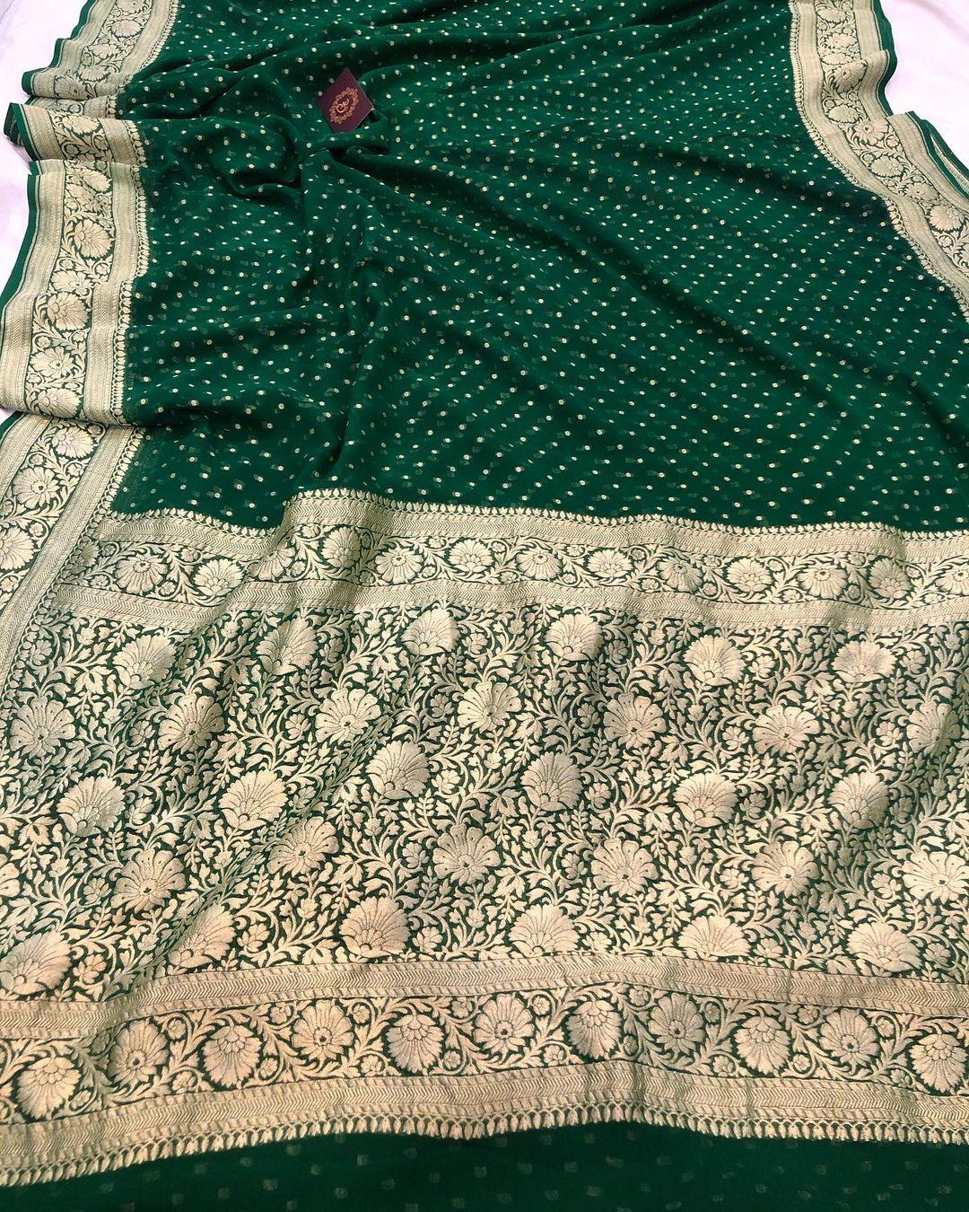 Bottle Greeen Banarasi Handloom Pure Khaddi Georgette Silk Saree - Aura Benaras