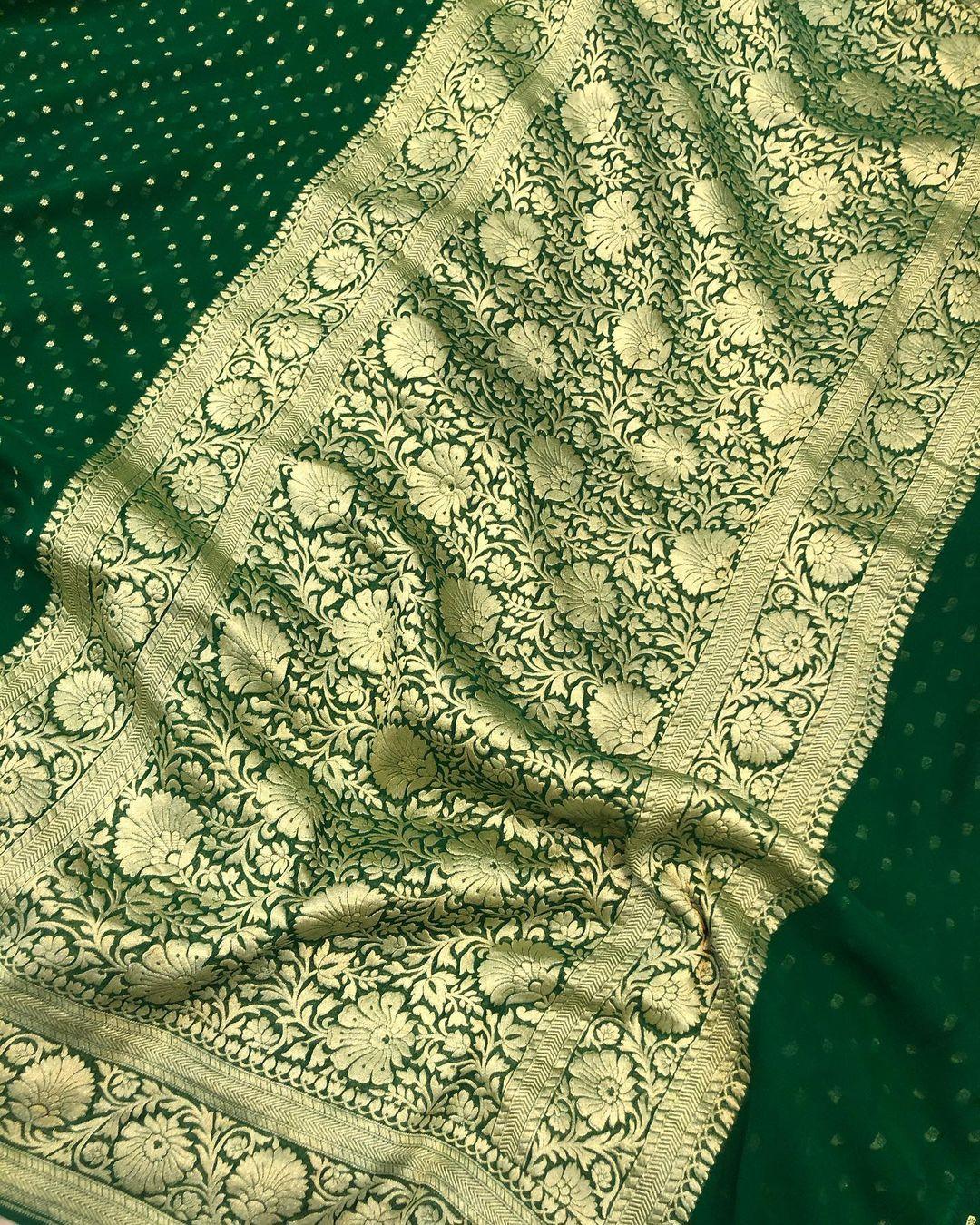 Bottle Greeen Banarasi Handloom Pure Khaddi Georgette Silk Saree - Aura Benaras