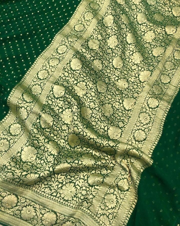 Bottle Greeen Banarasi Handloom Pure Khaddi Georgette Silk Saree - Aura Benaras