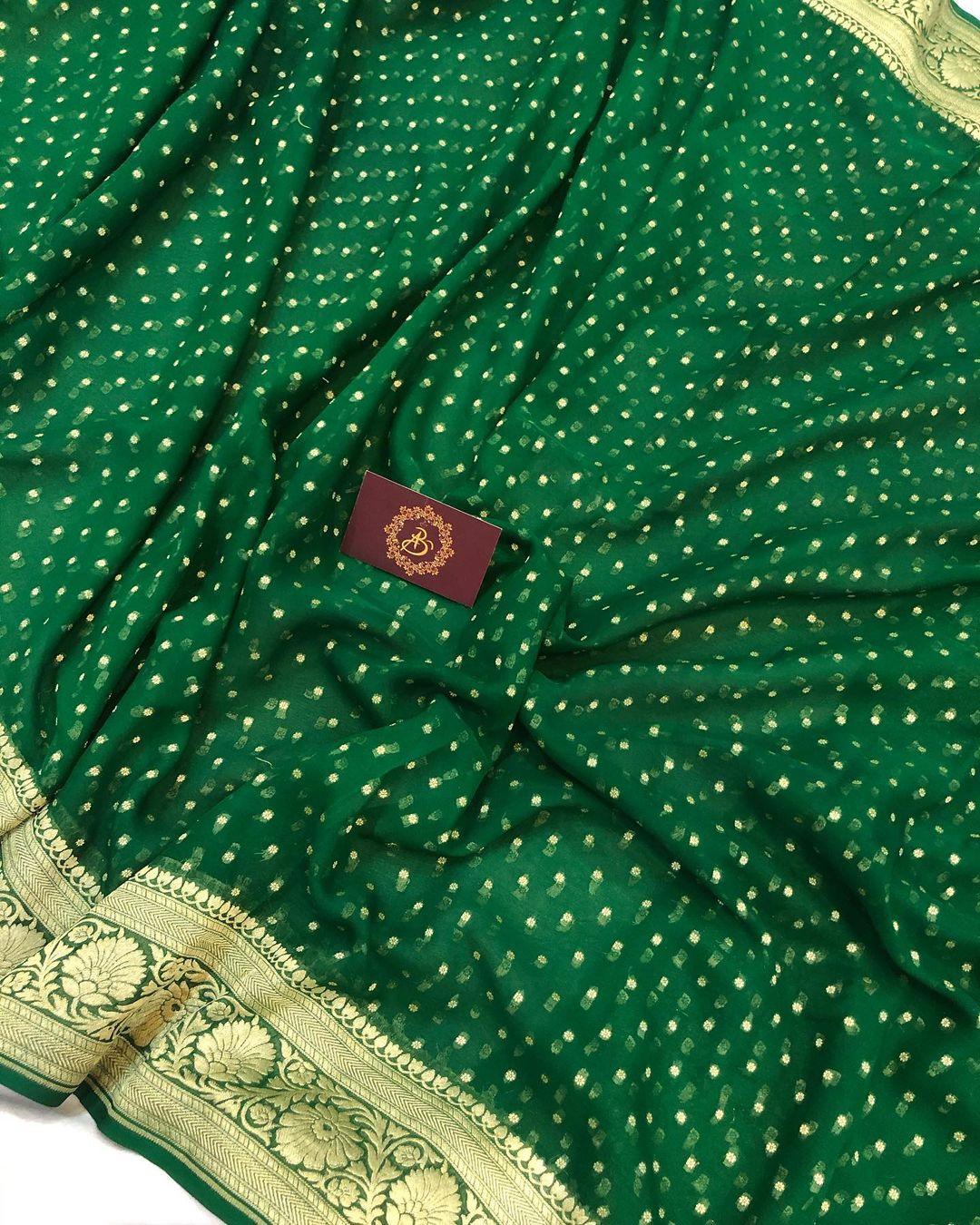Bottle Greeen Banarasi Handloom Pure Khaddi Georgette Silk Saree - Aura Benaras