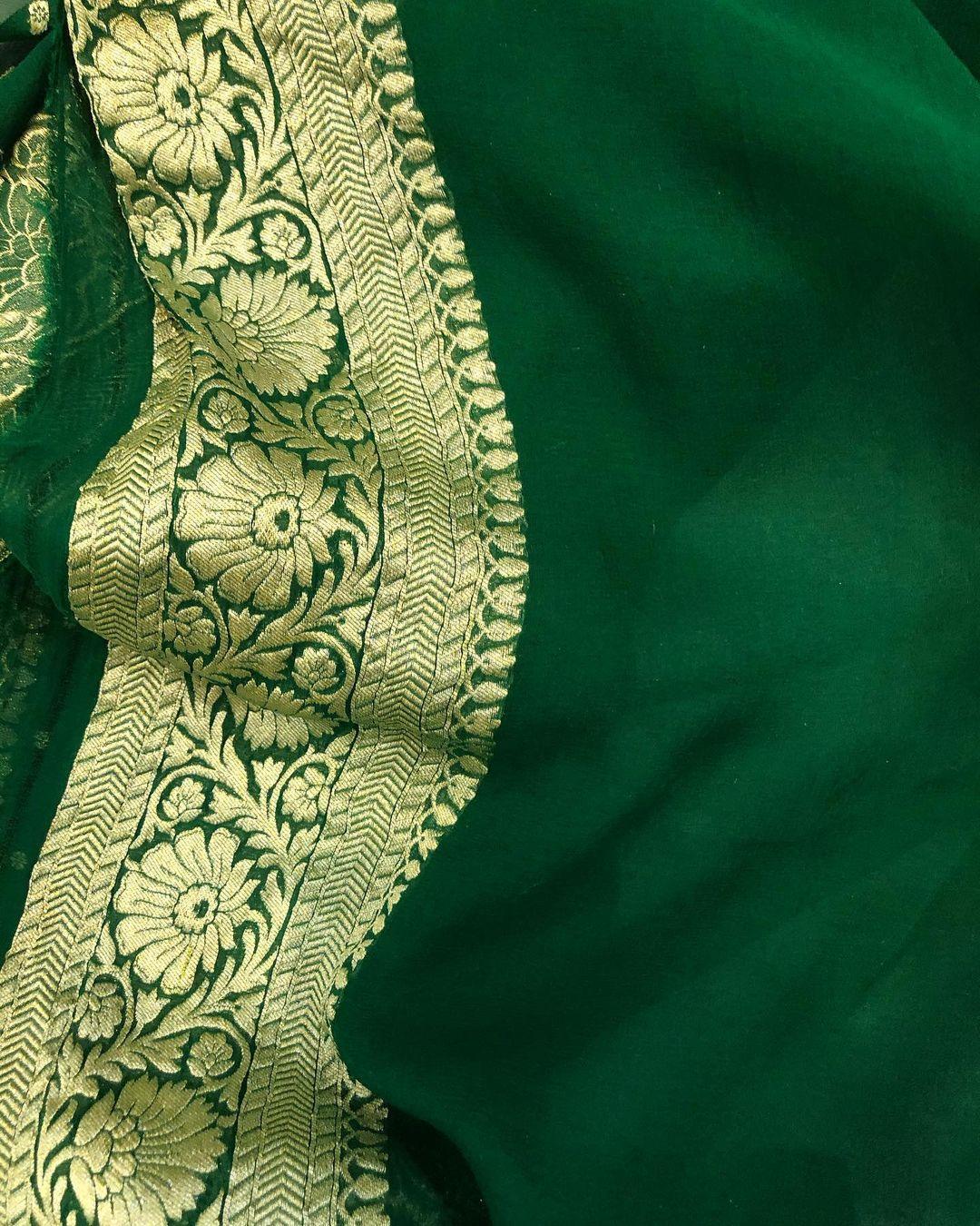 Bottle Greeen Banarasi Handloom Pure Khaddi Georgette Silk Saree - Aura Benaras