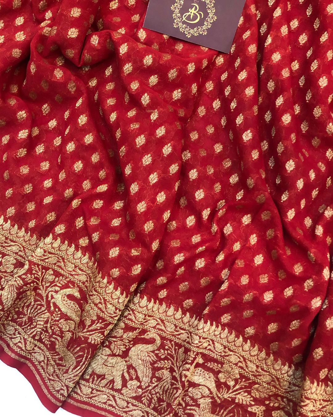 Red Banarasi Handloom Pure Khaddi Georgette Silk Saree - Aura Benaras