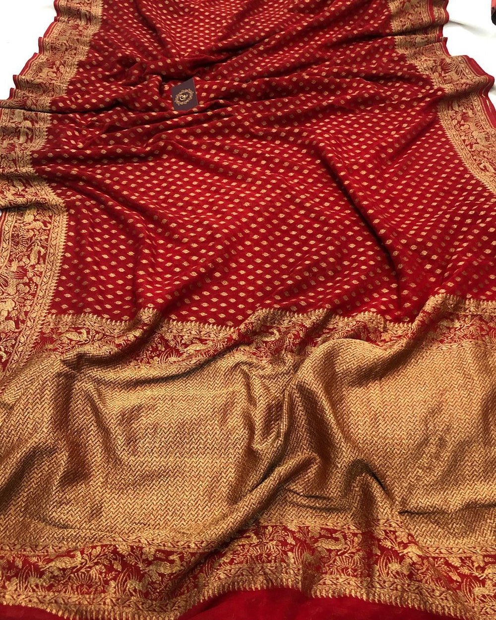 Red Banarasi Handloom Pure Khaddi Georgette Silk Saree - Aura Benaras