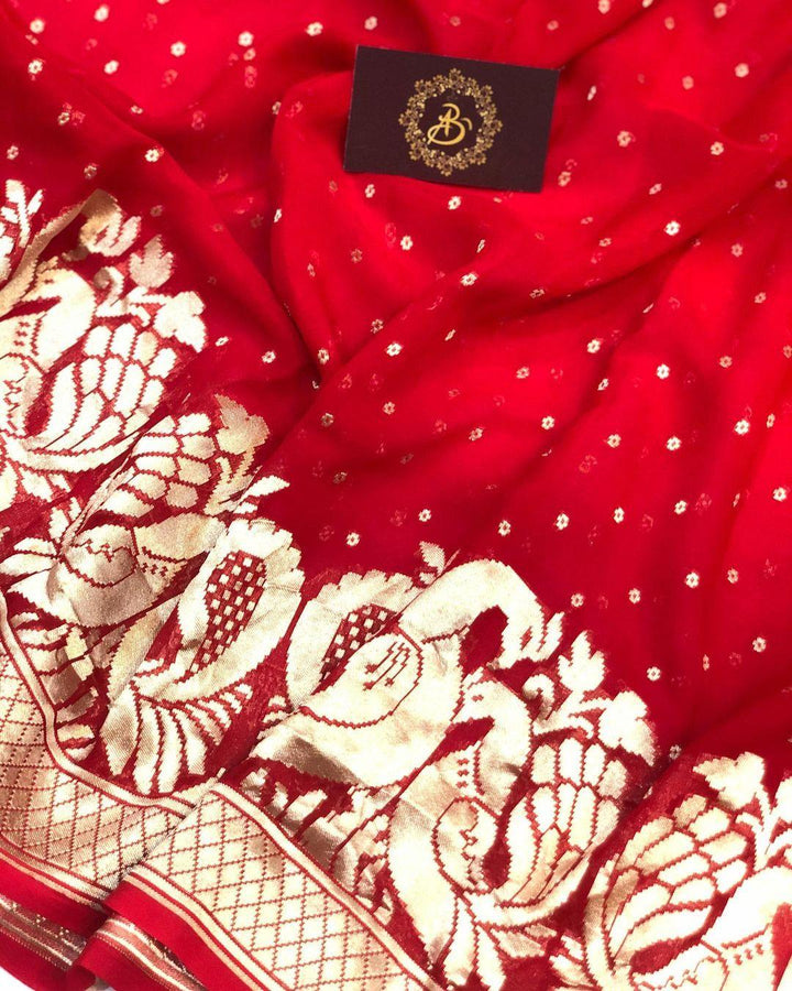 Red Banarasi Handloom Pure Khaddi Georgette Silk Saree - Aura Benaras