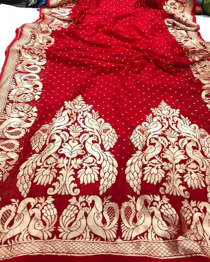 Red Banarasi Handloom Pure Khaddi Georgette Silk Saree - Aura Benaras