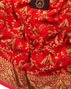 Red Banarasi Handloom Pure Khaddi Georgette Silk Saree - Aura Benaras