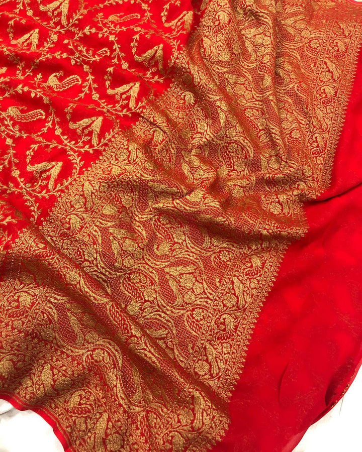 Red Banarasi Handloom Pure Khaddi Georgette Silk Saree - Aura Benaras