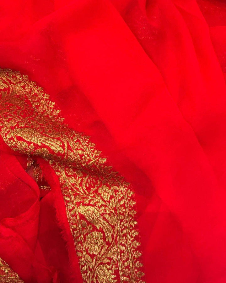 Red Banarasi Handloom Pure Khaddi Georgette Silk Saree - Aura Benaras