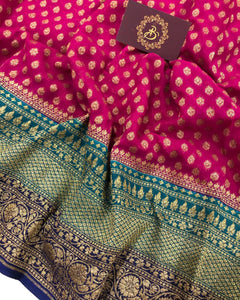 Magenta Broad Border Banarasi Handloom Pure Khaddi Georgette Silk Saree - Aura Benaras