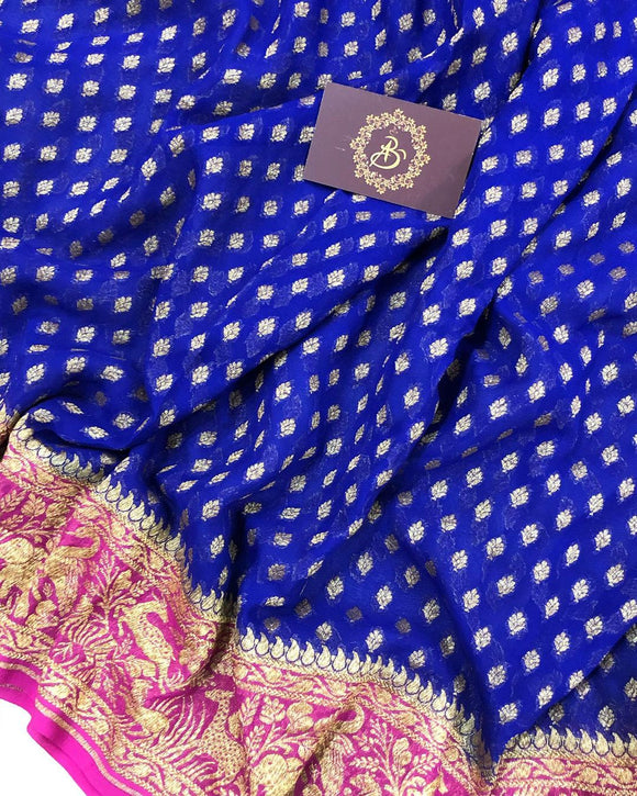 Deep Blue Banarasi Handloom Pure Khaddi Georgette Silk Saree - Aura Benaras