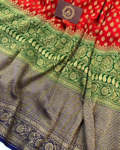 Red Broad Border Banarasi Handloom Pure Khaddi Georgette Silk Saree - Aura Benaras 