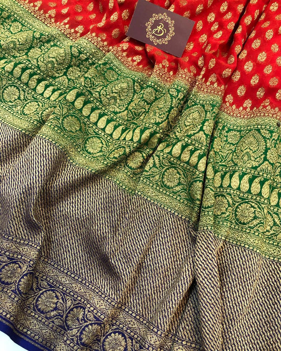 Red Broad Border Banarasi Handloom Pure Khaddi Georgette Silk Saree - Aura Benaras 