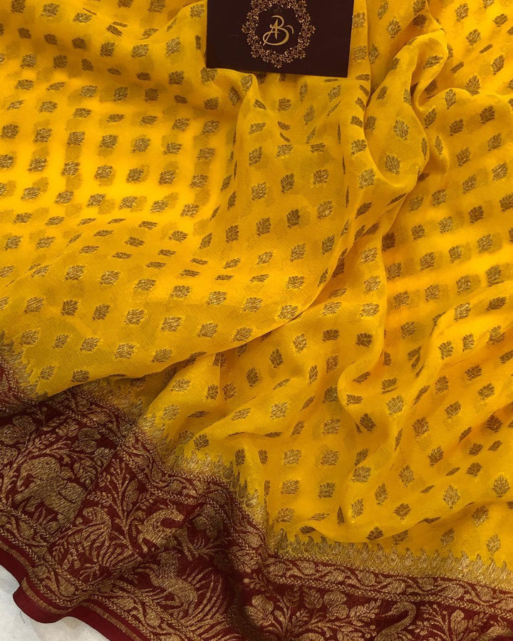 Yellow Banarasi Handloom Pure Khaddi Georgette Silk Saree - Aura Benaras
