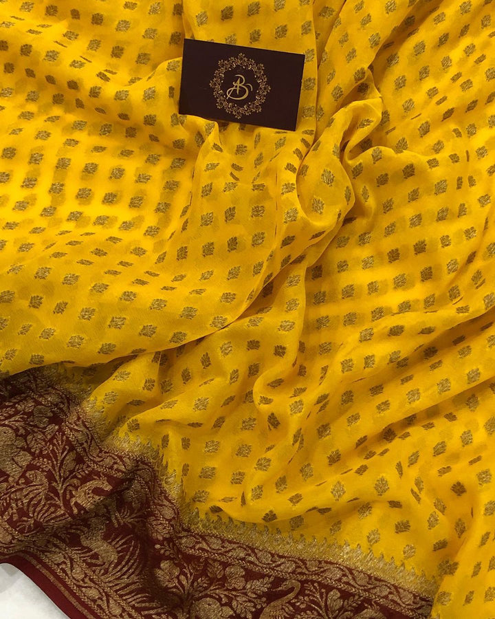 Yellow Banarasi Handloom Pure Khaddi Georgette Silk Saree - Aura Benaras
